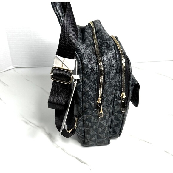 Vegan Sling Backpack Crossbody Geometric Pattern Lead-Free Shoulder Bag in Black - Picture 4 of 9